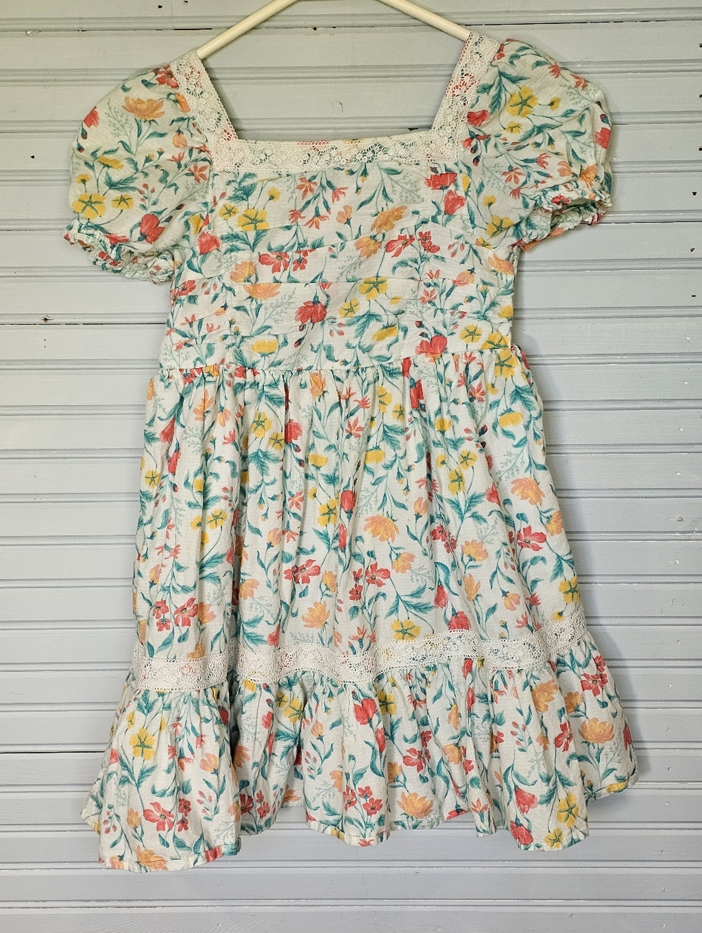 Etta Vee Green Yellow Floral Lace Trim Tiered Dress Girl's Size 7